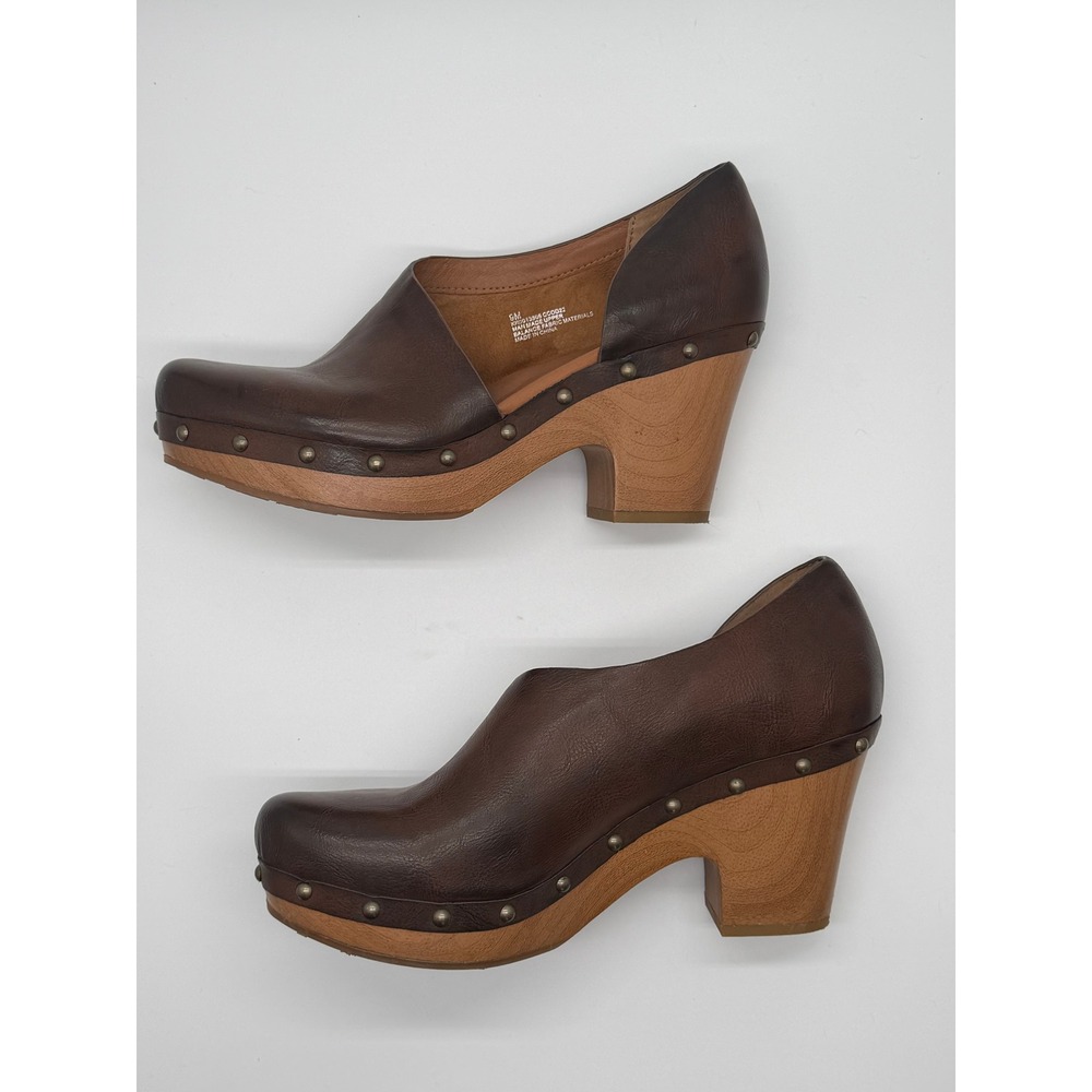 Korks Clog Arielle Platform Clog Women 9M Brown Studded Wood Block Heel Cutout - Picture 3 of 11